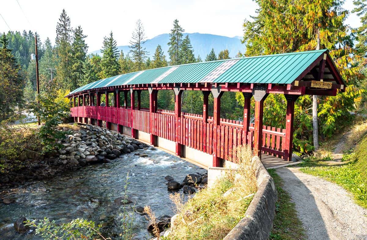 One of two beet red bridges on the Kaslo River trail