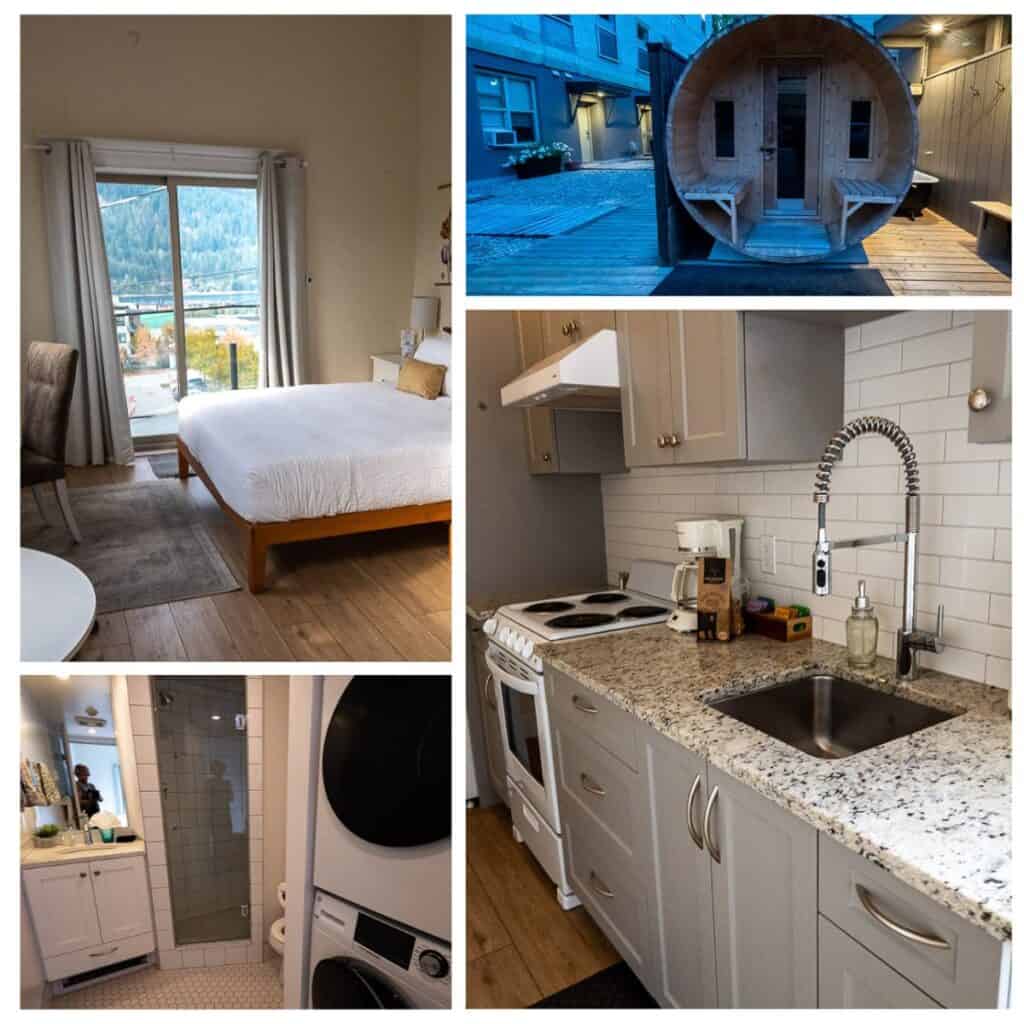 The Stirling Hotel Suites in Nelson come with a washer, dryer, kitchen (and local coffee) and access to an outdoor sauna and cold plunge pool