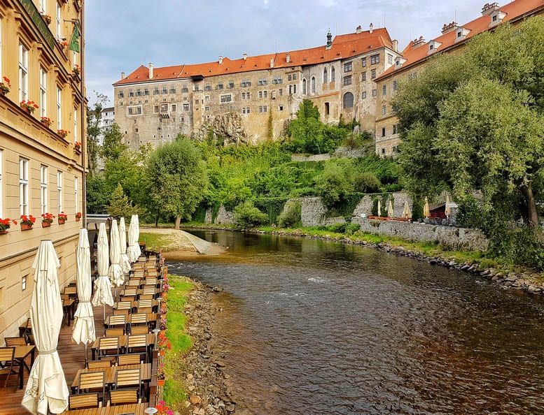 The riverside terrace at Hotel Dvorak