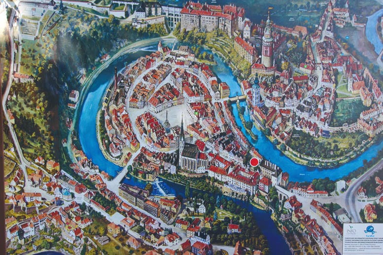 An aerial depiction of Cesky Krumlov