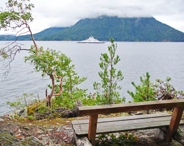 Watching the ferry that goes between Earl's Cove on Saltery Bay from the Sunshine Coast Trail near Fairview Cabin