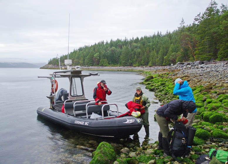 Getting dropped off in the rain at Sarah Point on the Sunshine Coast Trail