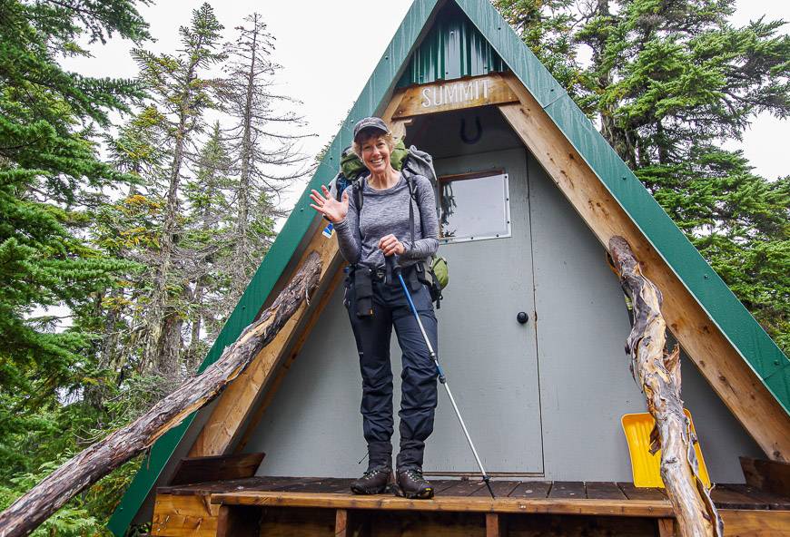 Checking out the emergency cabin on the summit of Mt. Troubridge