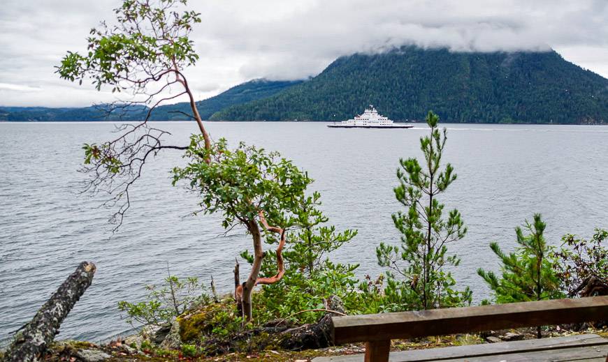 Watching the ferry that goes between Earl's Cove on Saltery Bay from the trail near Fairview Cabin