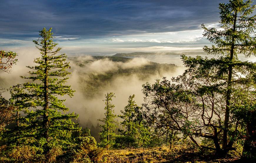 Looking out towards Savary Island through the clouds - from Manzanita Hut on the Sunshine Coast Trail