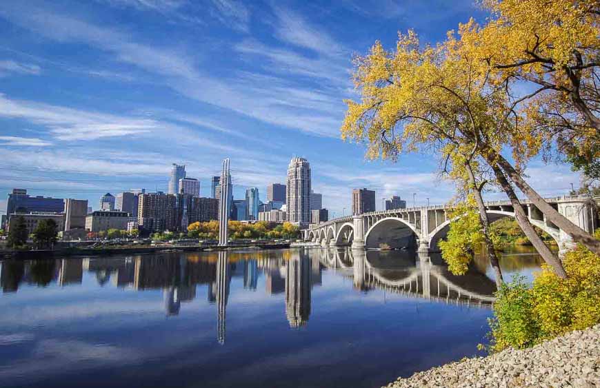 Beautiful view of downtown Minneapolis and the Stone Arch Bridge