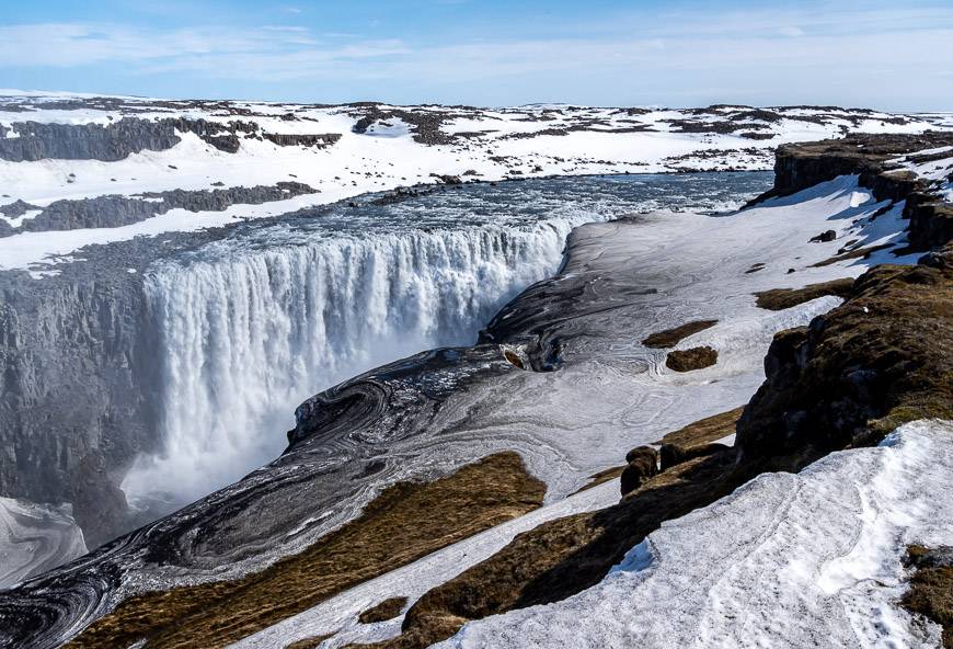 Another look at Dettifoss with all the cool patterns in the snow - one of the top things to do in Myvatn