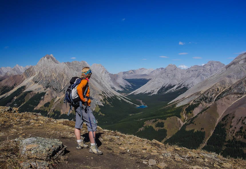 Admiring the view to Elbow Lake accessible via a popular mountain biking trail