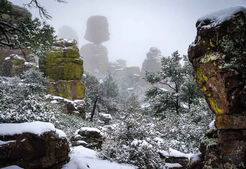 Rock formations appearing in the mist in Chiricahua National Monument - one of the best hikes in Arizona 