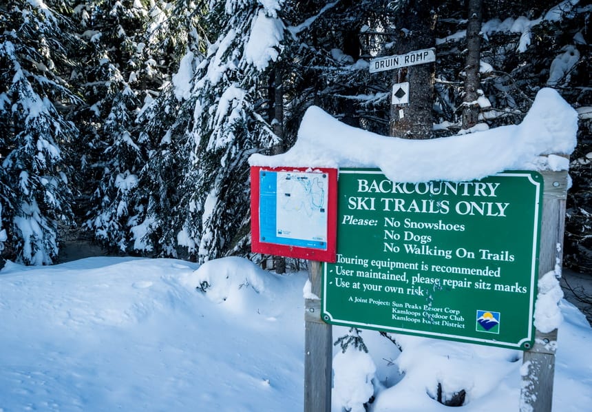 Look for signage at the start of the ungroomed backcountry trails at the Kamloops Ski Resort 