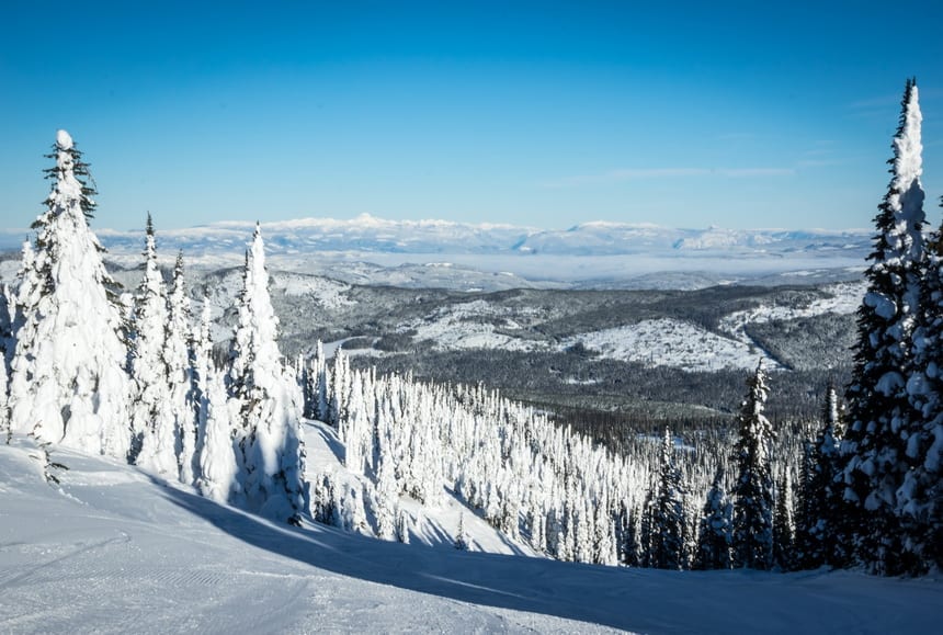 You can see as far as Wells Gray Provincial Park from Sun Peaks, a Kamloops ski resort 