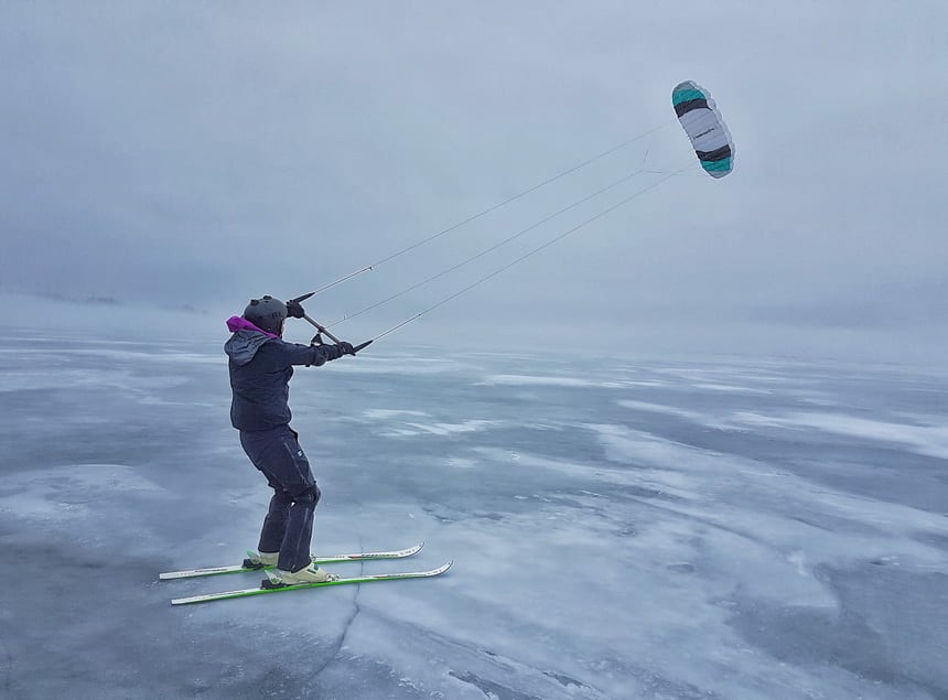 Kiteboarding on skis after a lesson with Steve Elmhirst