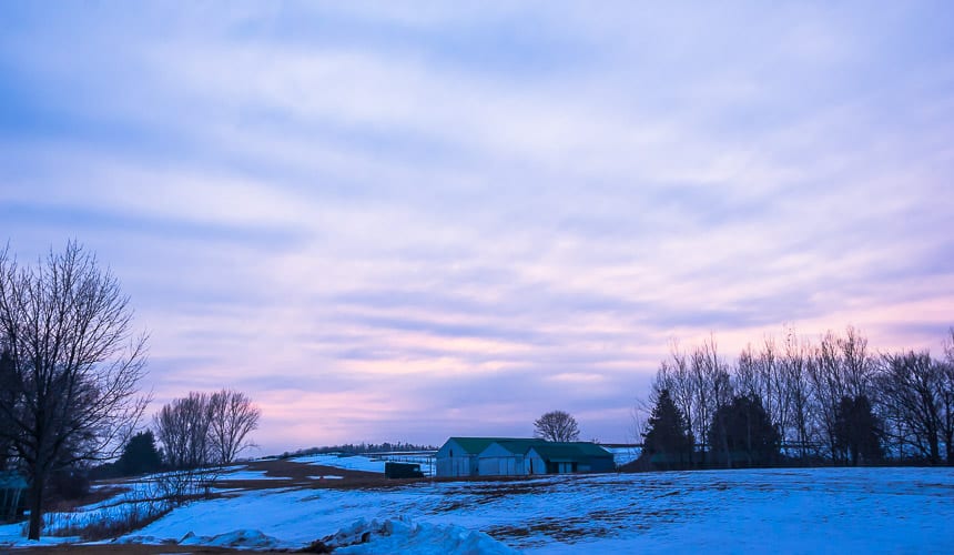 Sunset over the fields at Elmhirsts Resort in winter