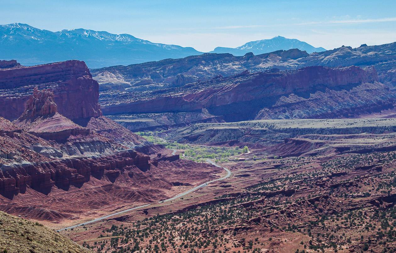 Looking down to the Capitol Reef Visitor Centre and the orchards