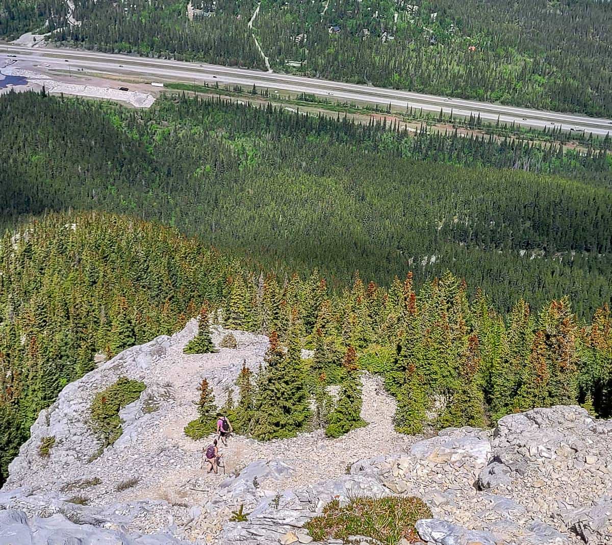 Looking down on people descending Heart Mountain just above the crux