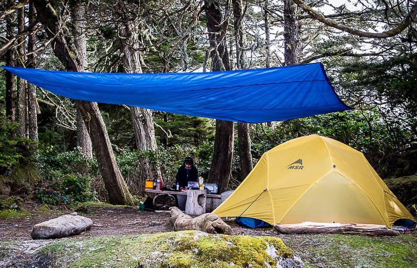 A tarp is an essential on any trip to the west coast of Vancouver Island