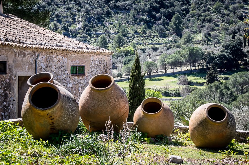 Massive olive oil containers on the estate seen hiking in Mallorca