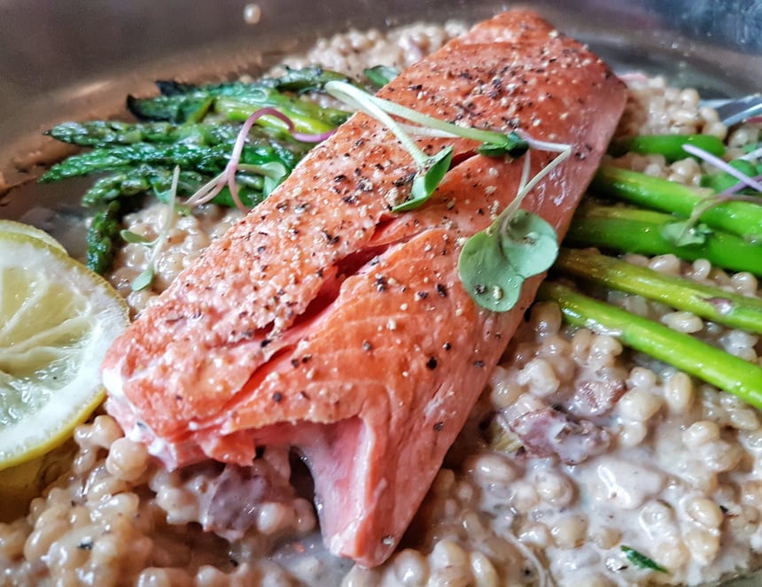 Salmon with barley risotto at the Prestige Oceanfront Inn in Sooke