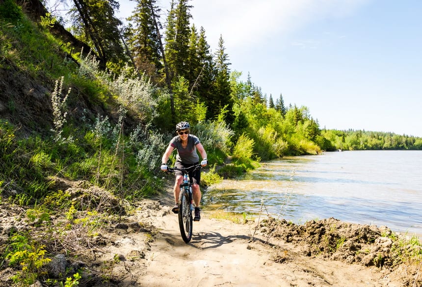 Fun mountain biking beside the Edmonton River on a stretch of the Trans-Canada Trail