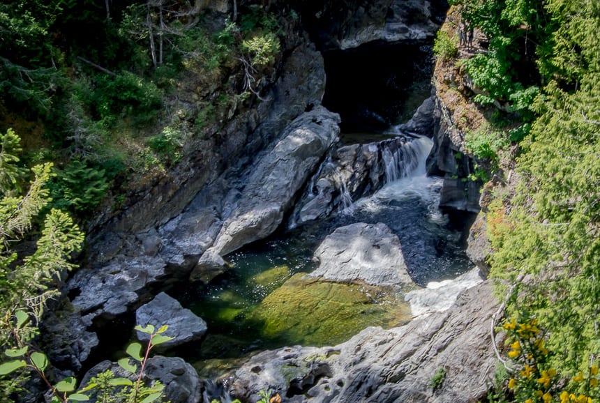 Admire the potholes carved into the bedrock of the Sooke River