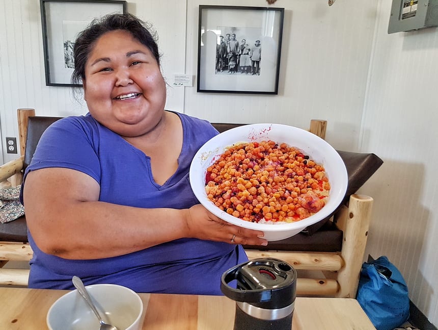 Nellie showing off her cloudberry trifle- the last night's dessert