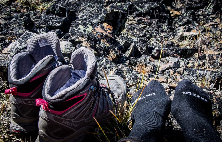 Icebreaker socks and lightweight but tough hiking boots by Salomon