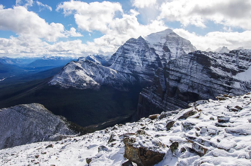 Up close views of Mt Temple if you hike up Fairview Mountain