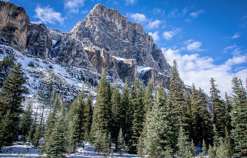 You see the backside of Castle Mountain on the way to Rockbound Lake