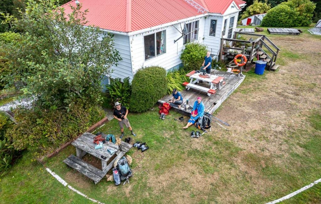 Looking down to the picnic table you can use from the top of the Cape Scott Lighthouse