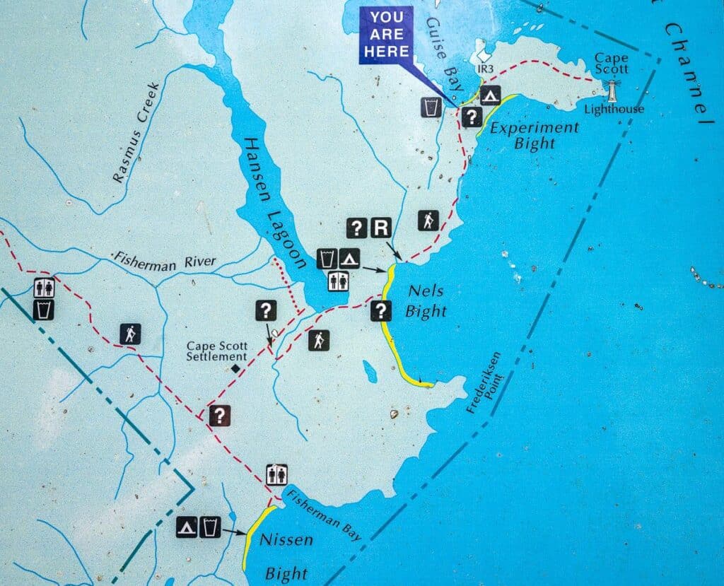 Note the parking at the bottom of the map and the campsites along the trail heading to the Cape Scott Lighthouse
We hiked from Nels Bight to Experimental Bight along the coast and then crossed to Guise Bay and continued to the lighthouse from there