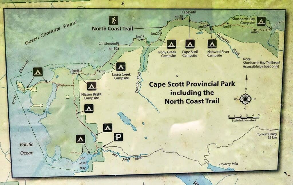 Note the parking at the bottom of the map and the campsites along the trail heading to the Cape Scott Lighthouse