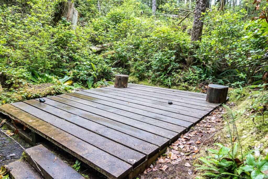 The better of the two tent platforms at Fisherman River Campground