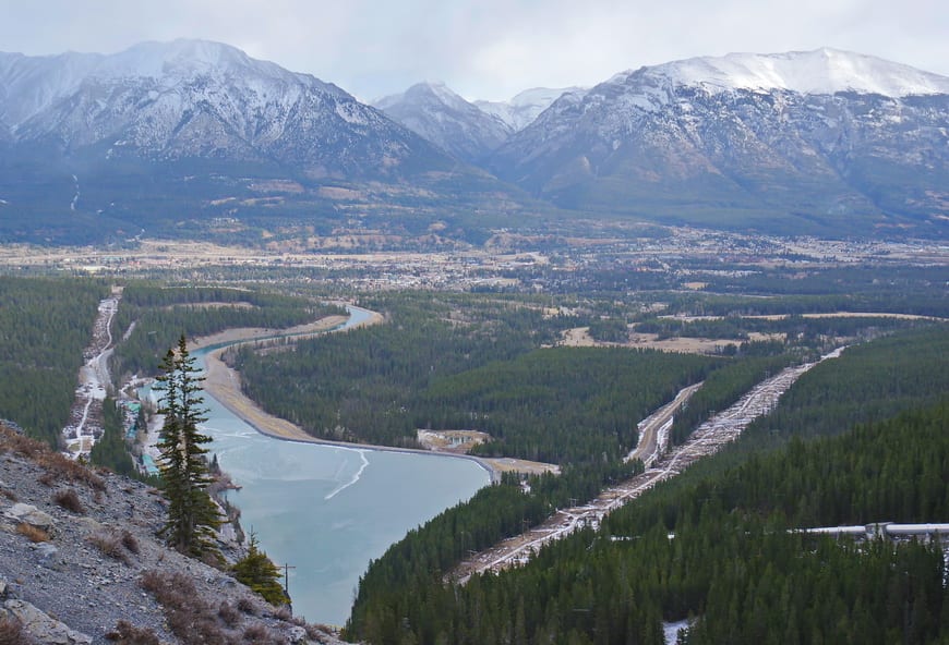 A wintry view of Canmore from the Spray Lake Road