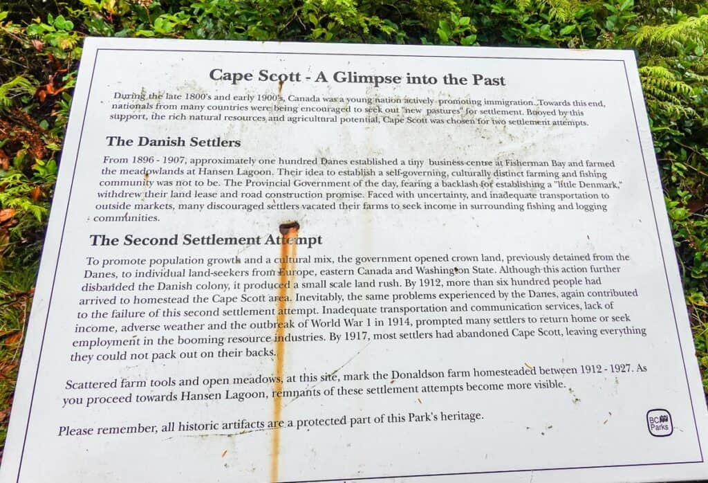 Look for interpretive signage about the Cape Scott Trail related to the Danish settlements, especially around Hansen Meadows