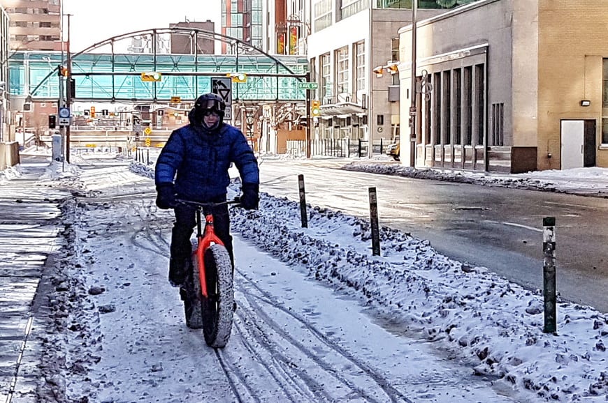 Winter fat biking in Calgary on the deserted streets downtown on Christmas Eve