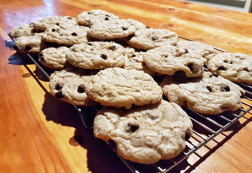 Fresh home-baked chocolate chip cookies are offered on arrival