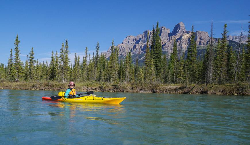 Kayaking the Bow River and enjoying this backdrop within minutes of launching