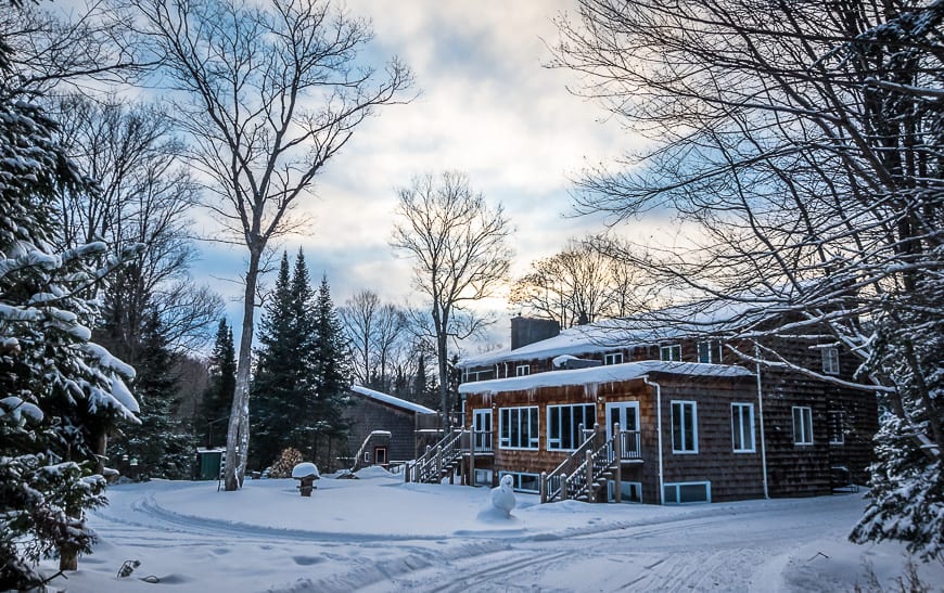 Many of the cross-country and snowshoe trails leave from behind the main lodge