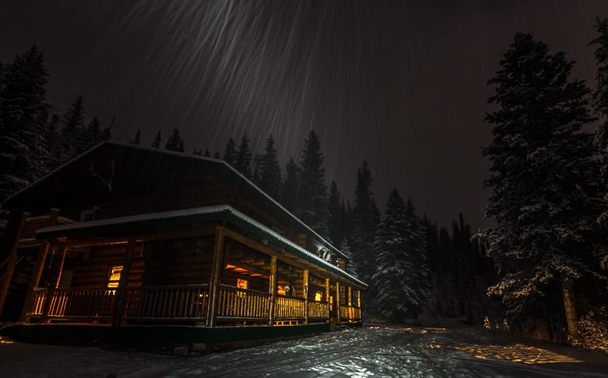 Looking through the driving snow to the warmth of the lodge