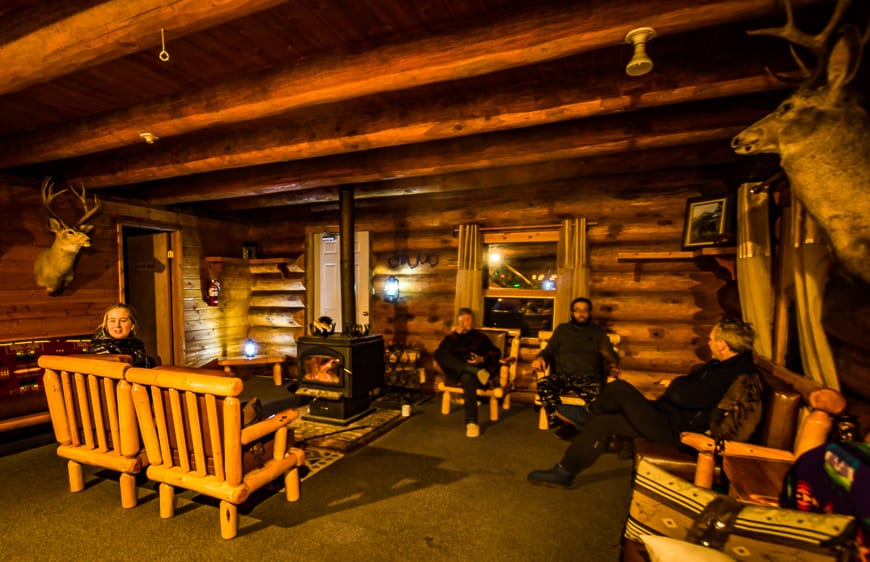 The main sitting area with a wood-burning fireplace