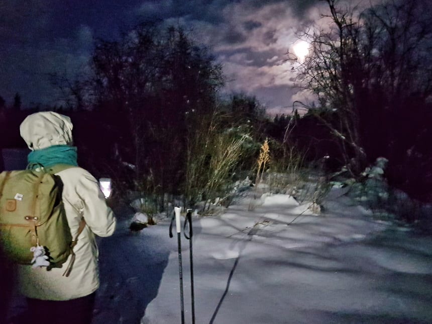 Stopping for the full moon shot while skiing in Riding Mountain