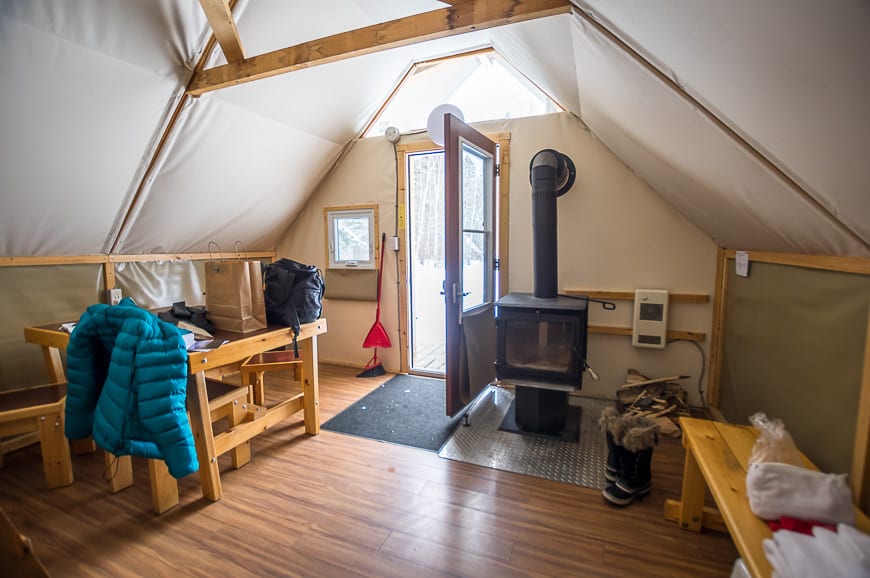 You can stay in an electrically heated oTENTik heated with a wood stove for a backup