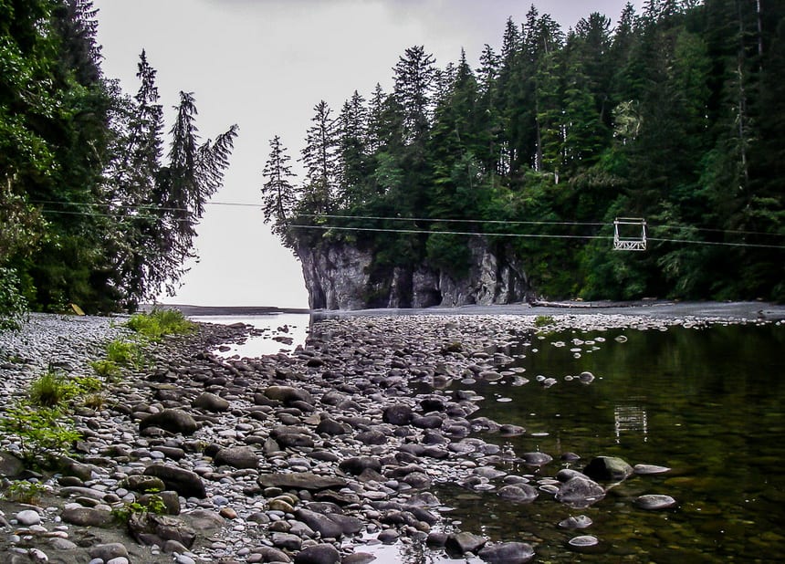 You have to pull yourself in this contraption over several large rivers on the West Coast Trail