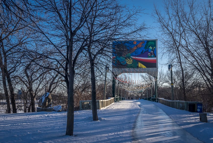 The Forks in Winnipeg with a skating trail weaving through the area