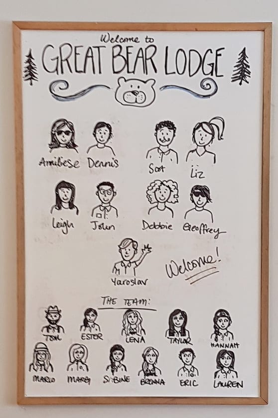 The bulletin board makes it easy to learn the names of guests and staff