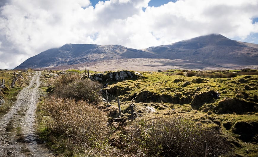 The summit of Mweelrea (on the right) looks like a long ways off from here