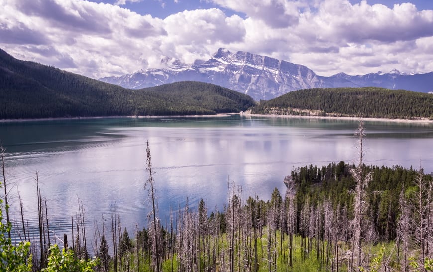 Looking west towards Banff from the trail beside Lake Minnewanka