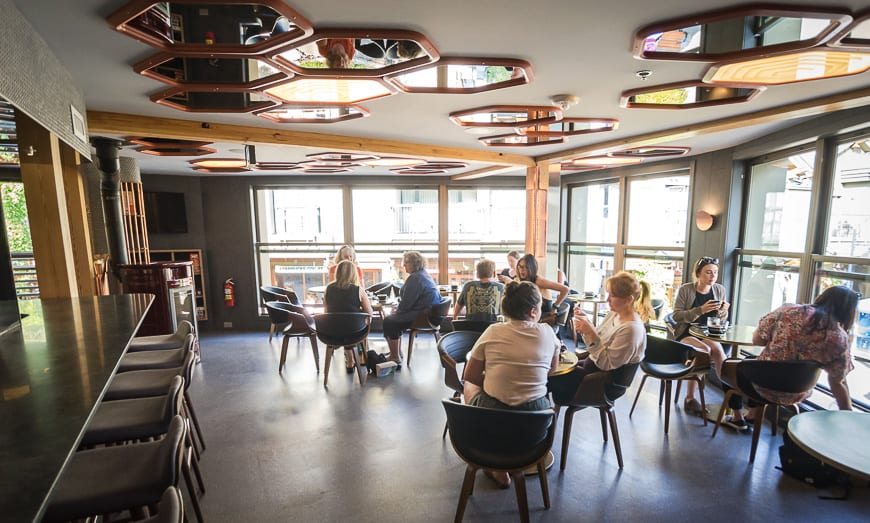 The Living Room at the Pangea Pod Hotel is a vibrant space