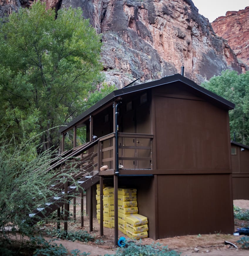 Banks of composting toilets use sawdust which minimizes the smell