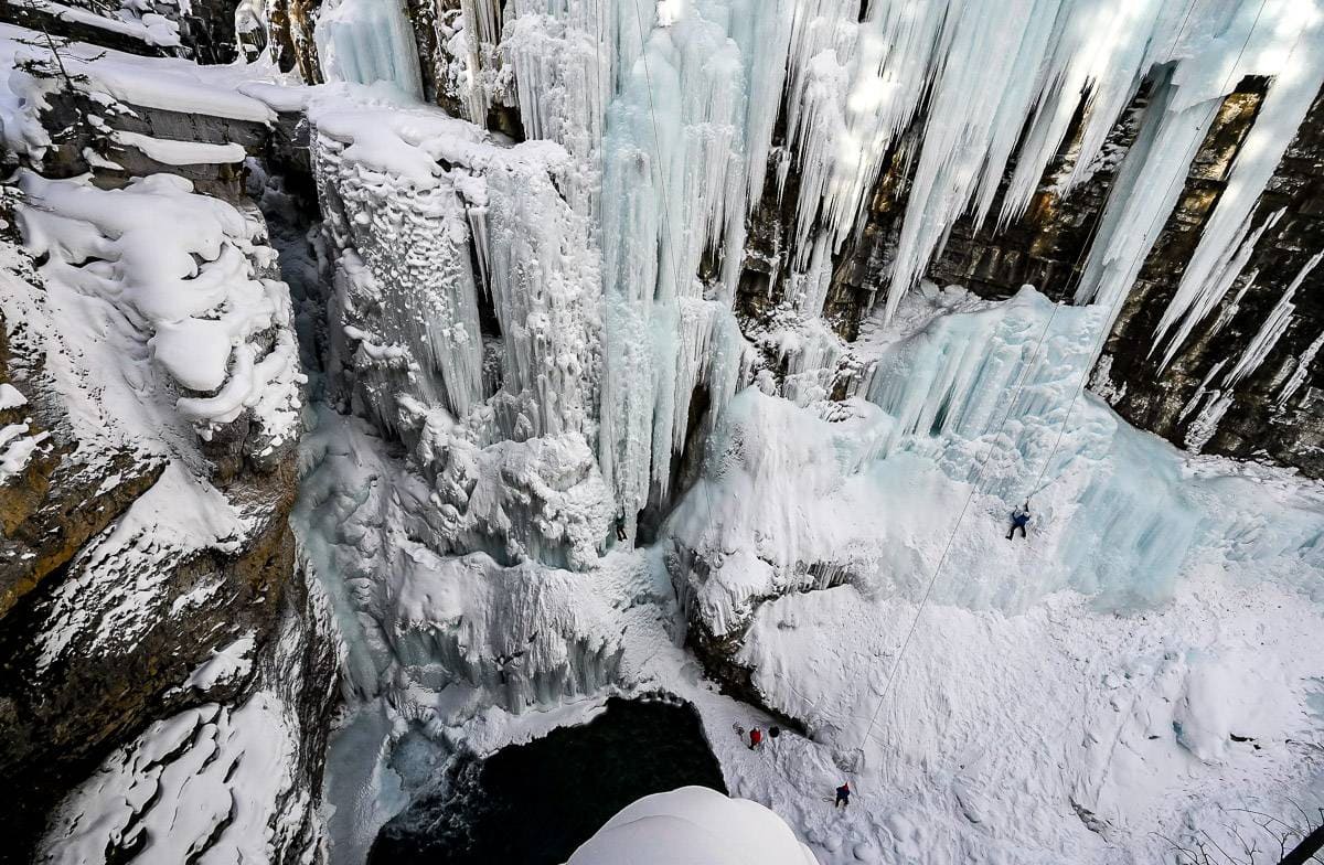 Looking down at ice climbers in Johnston Canyon from the Upper Johnston Falls